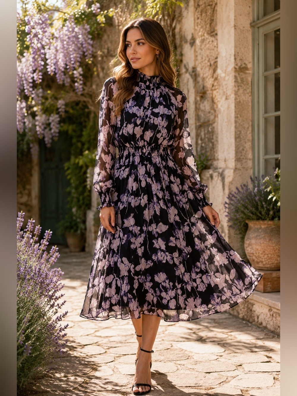 O.P.T for Anthropologie Black Purple Floral Smocked Boho Midi Dress Size M